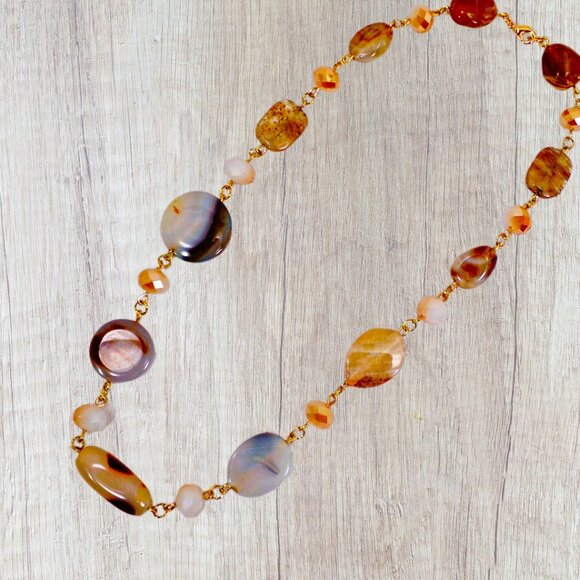 A mix of beige, brown, and off white bead necklace with glass and stone - Picture 11 of 13